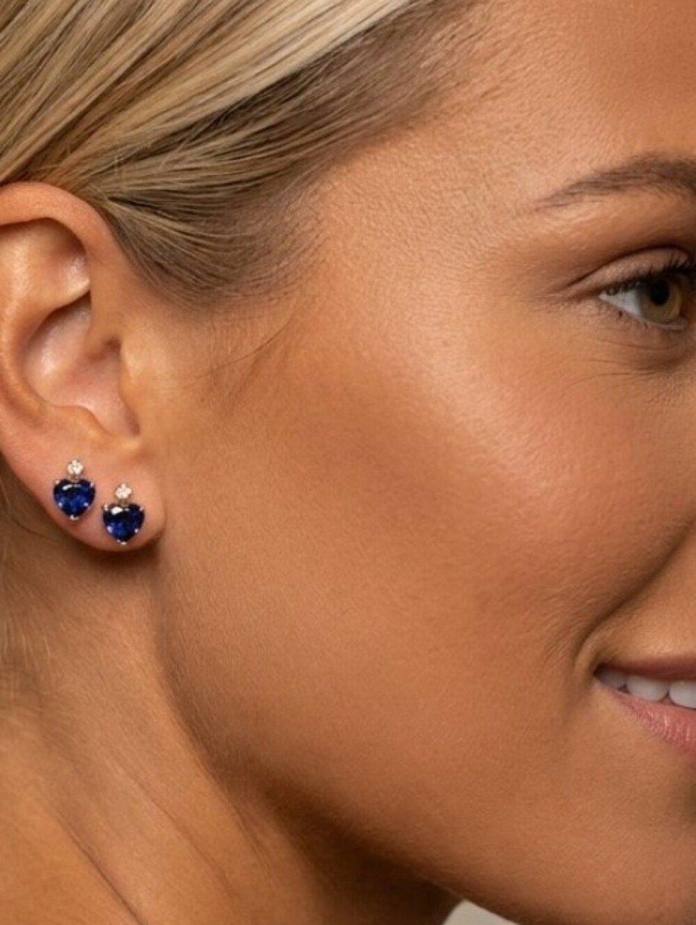 Real 10KT Yellow Gold Lab Created Sapphire Heart Diamond Earrings